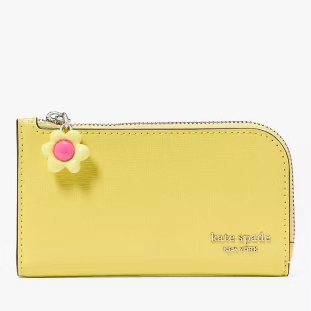 NWT Kate Spade Devin Small Slim Bifold Yellow Wallet with Flower Charm